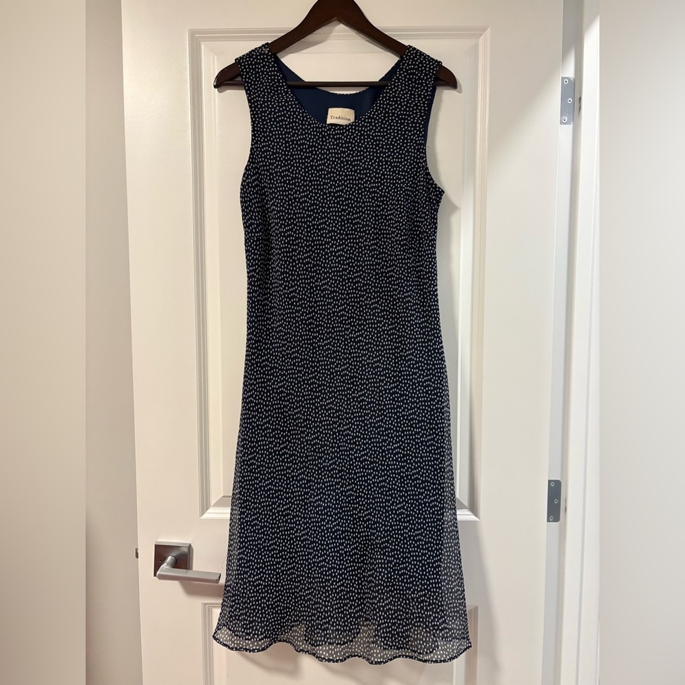 Tradition Brand Elegant Navy Blue and White polka dot Sleeveless Dress